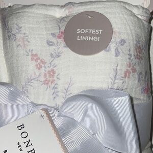 BONBINI MUSLIN FLEECE WHITE PINK FLOWER SOFT COZY BABY GIRL 28x38 BLANKET NWT